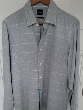 BOSS Black Label Light Gray Windowpane Long Sleeve 100 % Cotton Button-up Shirt
